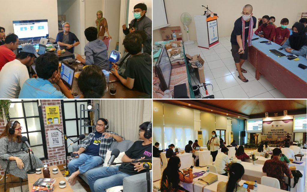 Kegiatan ICT Watch dari kiri atas arah jarum jam: pelatihan keamanan digital untuk Federasi Perjuangan Buruh Indonesia (12/2022), pelatihan e-Klepon di Pulau Tunda (08/2020), seminar literasi digital di Politeknik Internasional Bali (02/2022), podcast #CatatanTebet (02/2023)